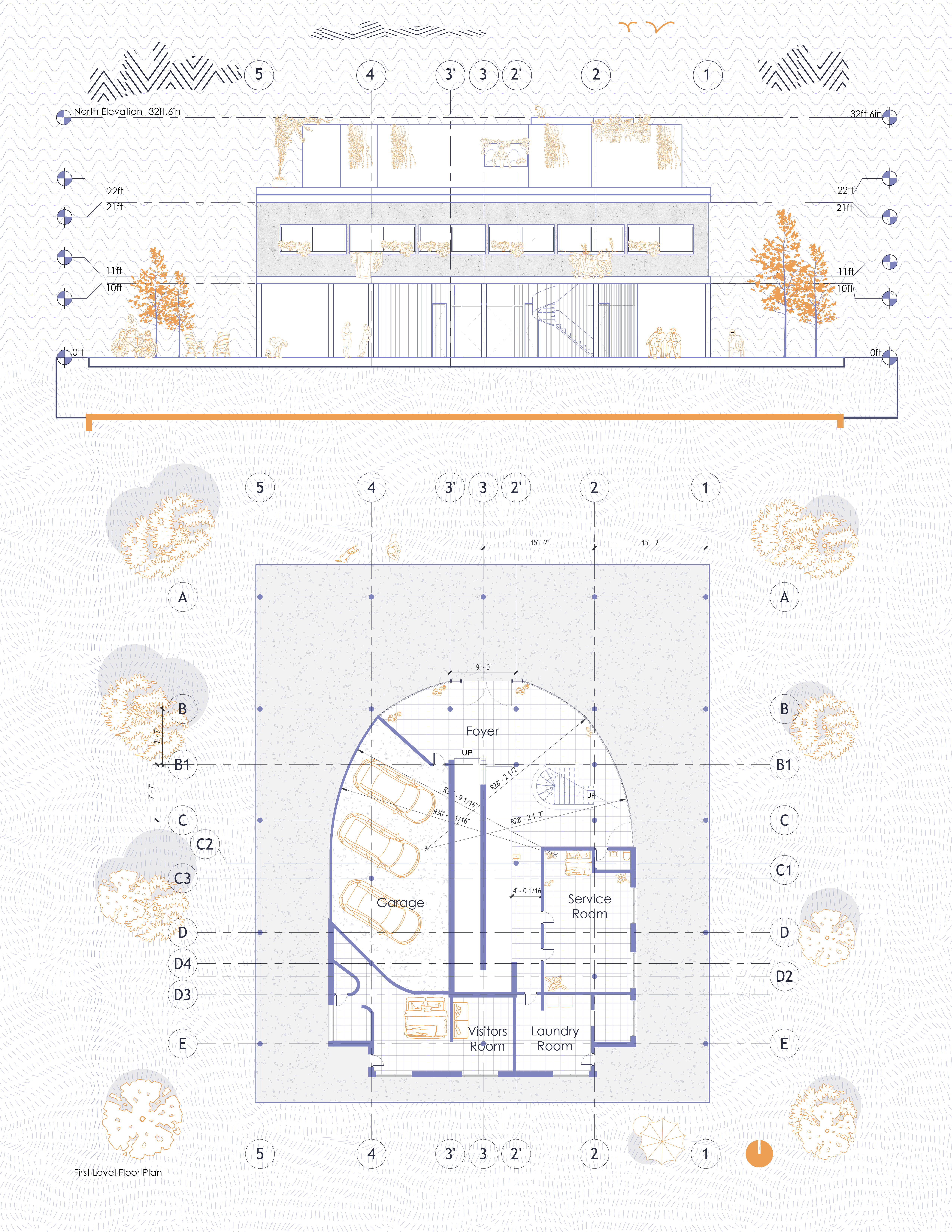 Mixed architectural floor plan and elevation drawing
